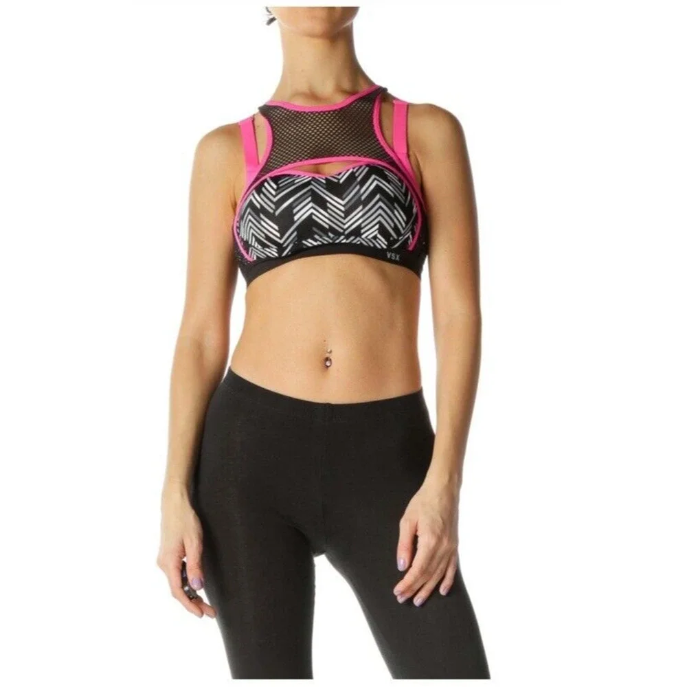 Victorias Secret VSX Mesh Sports Bra 32C Crisscross‎ Straps Black White Hot Pink
